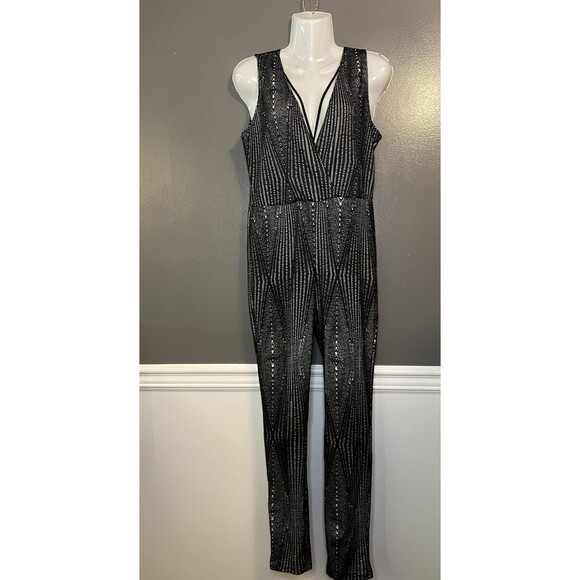 Eien Jumpsuit Womens Large Black White Geo Print Sleeveless Surplice Made USA - Picture 2 of 10